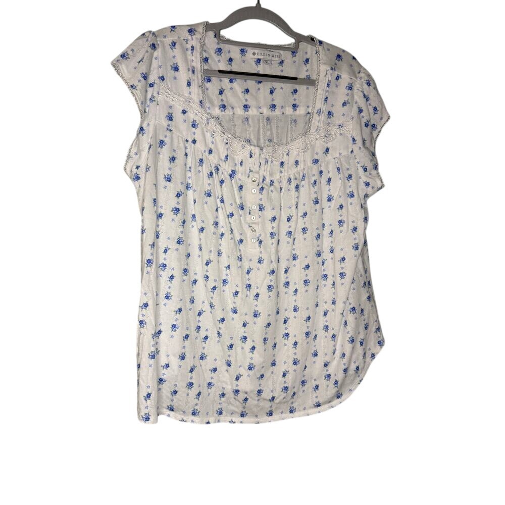 Eileen West blue floral 1/4 button down cap‎ sleeve blouse cottagecore peasant